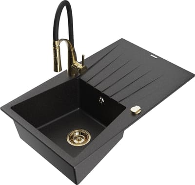 Mexen Cesar granitstenen gootsteen met 1 bak en afdruiprek en keukenmengkraan Aster, zwart/zilver metallic - 6514-73-73450-57-G