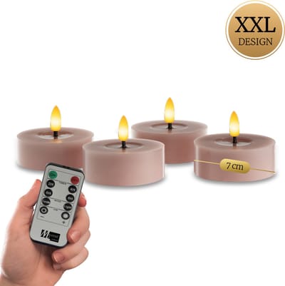 Meisterhome® XXL - LED-theelichten 4-delige set Violet – vlamloze LED kaarsen - flikkerend licht - LED Waxinelichtjes – Ø 7 cm, hoogte 3 cm – gemaakt van echte wax – met timer & afstandsbediening – werkt op batterijen – warm wit licht