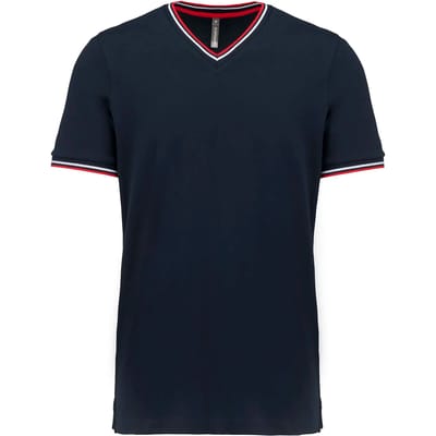 Donkerblauw met Rood-wit t-shirt met streepje bij kraag en mouw V-hals merk Kariban maat 3XL