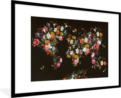 Poster in lijst - Fotolijst 120x80 cm - Posters - Wereldkaart - Bloemen - Vlinder - Zwart - Posterlijst zwart - Decoratie - Wanddecoratie woonkamer - Muurdecoratie slaapkamer