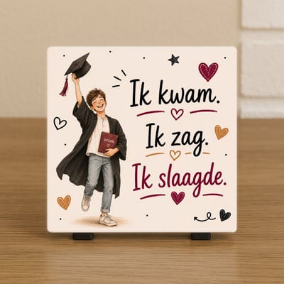 Wenstegeltje "Ik kwam. Ik zag. Ik slaagde." – Cadeau tegeltje – Trendy nu – Geslaagd – Vriend – Rijbewijs – Diploma – Zomaar – Cadeau – Incl standaard - Ingepakt met confetti