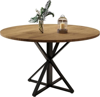 Ronde Eettafel Houten Keukentafel - 120 x 120 x 75 cm - Eettafel voor 4-6 personen - Boerderij Eettafel met Houten Tafelblad - Rustiek Bruin