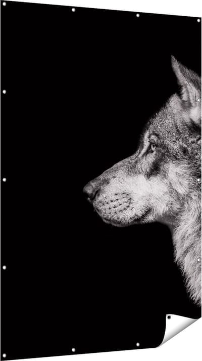 Gards Tuinposter Wolvenkop - Wolf - Zwart Wit - 120x180 cm - Tuindoek - Tuindecoratie - Wanddecoratie buiten - Tuinschilderij