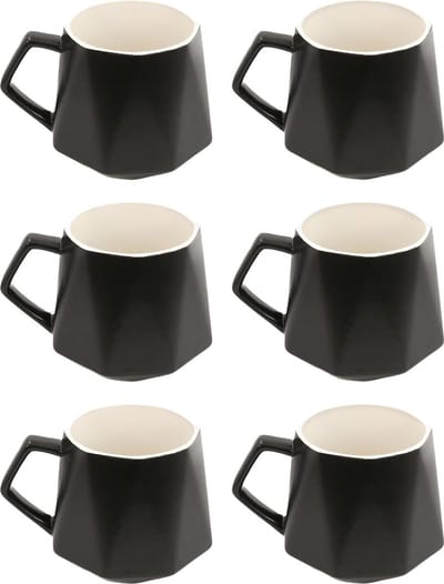 Intirilife 6x Koffiekopje met fijne afwerking in het Zwart, inhoud van 350 ml - 13 x 10.5 x 9.2 cm - Theekopje met handvat, drinkbeker voor koffie, thee, melk, cacao en nog veel meer