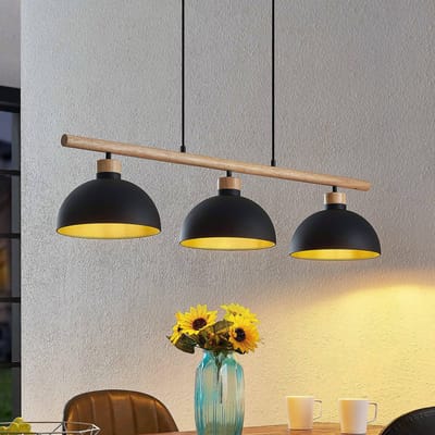 Lindby - hanglamp - 3lichts - Ijzer, rubberhout - H: 12.5 cm - E27 - zwart, goud, licht hout