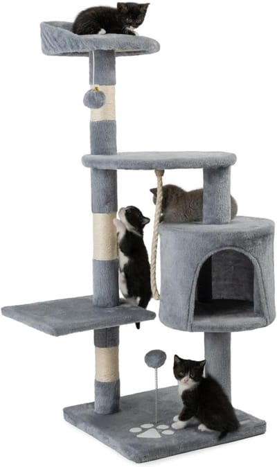 RUX® Krabpaal Voor Zware Katten – Grote & Stevige Krabpaal - Krabpaal Voor Grote Katten - Kat Toren – Krabton – Hoge Krabpaal 112 cm - XXL - Katten Verblijf Met 2 Plushe Ballen En Speeltouw – Krabtoren – Lichtgrijs- 40cm x 60cm x 112cm