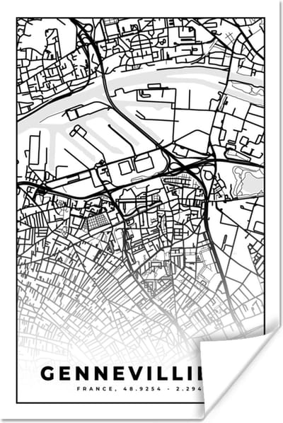 Poster Stadskaart - Frankrijk - Kaart - Plattegrond - Gennevilliers - Zwart wit - 120x180 cm XXL