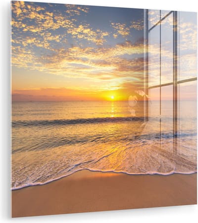 MuchoWow® Glasschilderij 90x90 cm - Schilderij acrylglas - Strand - Kleuren - Zon - Foto op glas - Muurdecoratie woonkamer - Wanddecoratie slaapkamer - Schilderijen