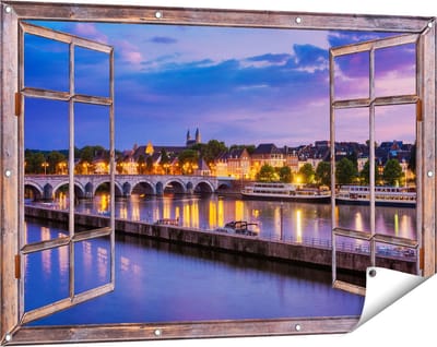 Gards Tuinposter Doorkijk Maastricht Maas Rivier bij de Sint Servaasbrug - 120x80 cm - Tuindoek - Tuindecoratie - Wanddecoratie buiten - Tuinschilderij