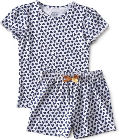 Little Label Pyjama Meisjes Maat 134-140 - Wit, Blauw - Zachte BIO Katoen - Shortama - 2-delige zomer pyama meisjes - Hartjesprint