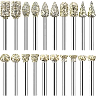 GELLDG Diamantfreesset - Diamantfreeskoppen - Slijpnaalden - Geschikt voor Dremel roterende gereedschappen - 1/8 inch schacht - Geschikt voor graveren, slijpen, polijsten en beeldhouwen van steen, glas en keramiek - 20 stuks