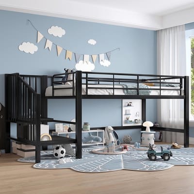 YEHTOKHOME Halfhoog hoogslaper 90 x 200 cm - Kinderbed met opbergtrap - Metalen bedframe - Vrije ruimte onder het bed - Zwart