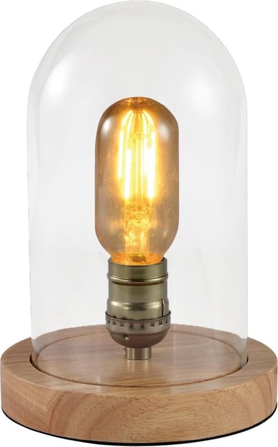 QUVIO Lamp - Tafellamp - Glazen stolp en houten voet - Diameter 15 cm