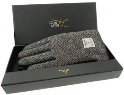 Heren Handschoenen Heide gemêleerd met Zwart Leer - Harris Tweed - Glen Appin of Scotland L