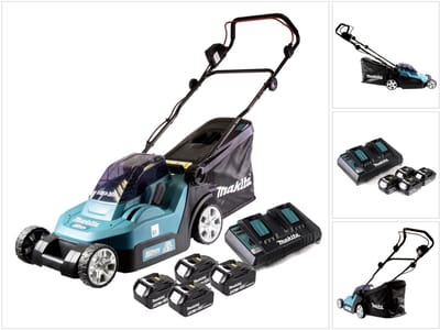 Makita DLM 382 PT4 accugrasmaaier 36 V ( 2x 18 V ) 38 cm 40 l + 4x accu 5.0 Ah + dubbele lader