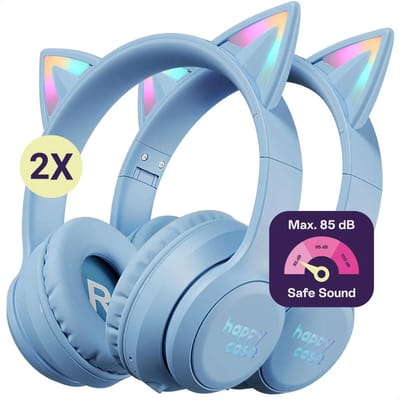 HappyCase Popz - Duo Pack Kinder Koptelefoon Draadloos - Kattenoortjes - Koptelefoon Voor Kinderen - Ledverlichting - Ingebouwde Microfoon - Over-Ear - 85db volumebregrenzer - Bluetooth - Blauw