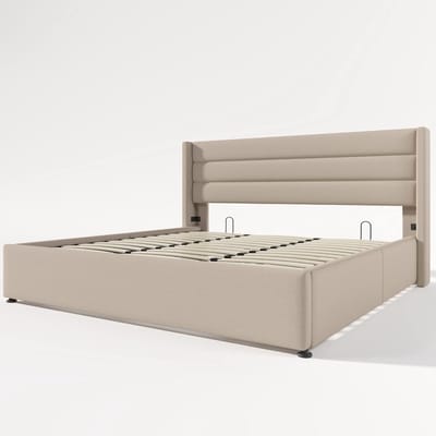 Luxe Kingsize Gestoffeerd Opbergbed met Hydraulisch Liftsysteem en Design Hoofdbord – Modern Bedframe 180x200 cm inclusief Lattenbodem – Beige Linnen