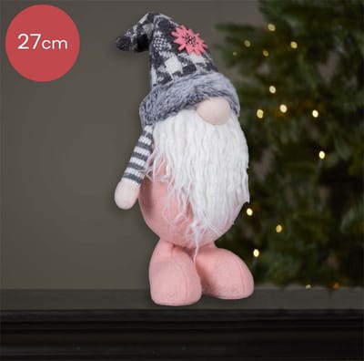Roze handgemaakt Gnoom-mannetje met een grijs/wit kleurige muts - 27(37)cm