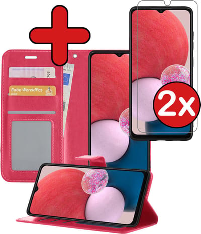 Hoesje - Met 2x Screenprotector - Geschikt voor Samsung Galaxy A13 5G - Luxe Pasjeshouder - Flip Case - Bookcase Portemonee - Kunstleer Book Case - Flipcase Hoes - Book Cover - Walletcase - Portemonneehoes - Telefoonhoes - Donkerroze