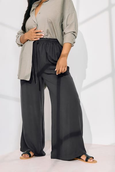 Yours Chambray Broek Met Wijde Pijpen En Elastische Taille In Zwart Size 42