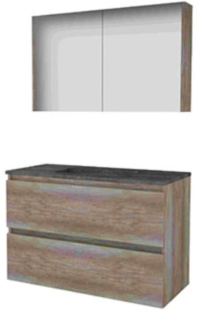 Basic-Line Comfort 46 Badkamermeubelset - 100 x 46 cm - Greeploos - 2 Lades - Hardstenen Wastafel - 1 Kraangat - Spiegelkast - Scotch Oak