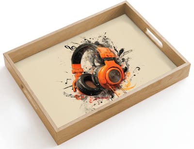 Dienblad hout 40x30 cm - Schootdienblad - Koptelefoon - Oranje - Explosief - Borrelplank rechthoek - Plateau dienbladen
