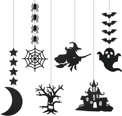 Spookachtige Hangdecoraties voor Halloween Feesten, Zwarte Versieringen met Glitters, Halloween Garland en Decoratieve Elementen
