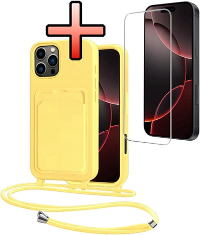 Hoes Geschikt voor iPhone 16 Pro Hoesje Pasjeshouder Cover Met Koord Case Siliconen Hoes Met Telefoonkoord en Kaarthouder Met Screenprotector - Geel
