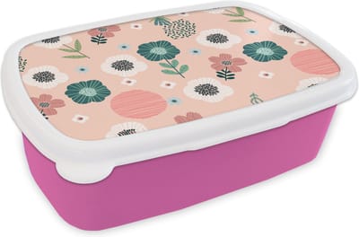 Broodtrommel Roze - Lunchbox - Brooddoos - Patronen - Bloemen - Planten - 18x12x6 cm - Kinderen - Meisje