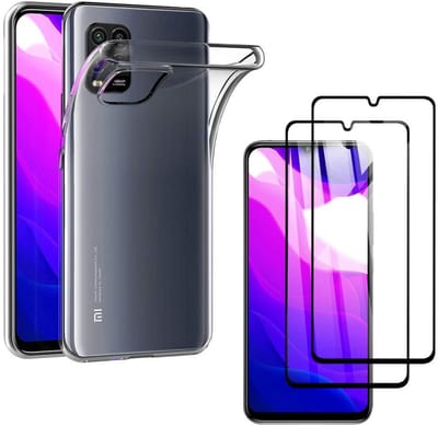 Hoesje Ultraslank geschikt voor Xiaomi mi 10 Lite backcover siliconen Transparant en 2 stuks ScreenProtector Gehard Glas met zwarte randen