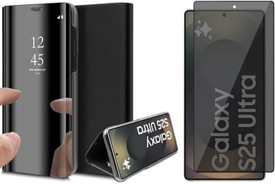Hoesje geschikt voor Samsung Galaxy S25 Ultra - Privacy Screenprotector Volledig Dekkend Glas - Spiegel Book Case Zwart
