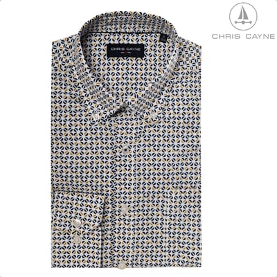 Chris Cayne overhemd lange mouw - L - navy/geel - print - borstzak