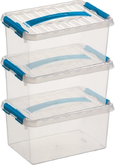 3x sunware q-line opberg box/opbergdoos - 6 liter - 30 x 20 x 14 cm - kunststof - opslagbox - transparant/blauw