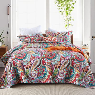 Spreien zacht katoen oranje bloemen paisley patroon super king size sprei, prachtige patchwork quilt sprei met 2 kussenslopen voor alle seizoenen, 250x270 cm