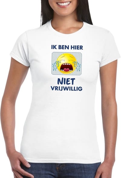 Wit feest shirt - Ik ben hier niet vrijwillig met emoticon voor dames XS