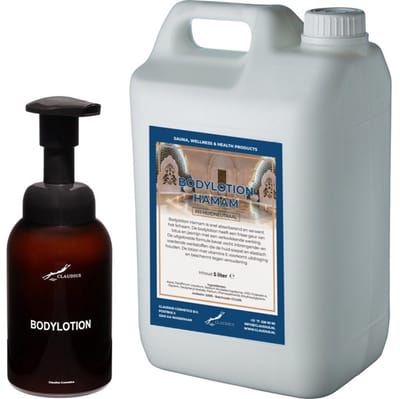 Zeepdispenser 300 ml amber bruin hervulbaar + 5 liter Bodylotion Hamam navulling
