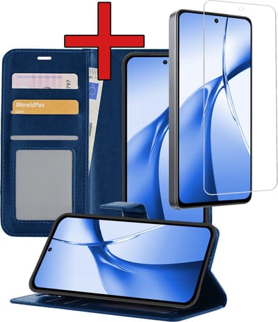 Hoesje - Met Screenprotector - Geschikt voor OnePlus Nord CE4 - Luxe Pasjeshouder - Flipcase - Bookcase Portemonee - Flip Case - Kunstleer Book Case - Book Cover - Walletcase - Portemonneehoes - Telefoonhoes - Donkerblauw