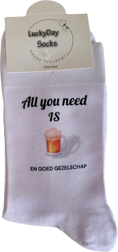 All you need is Bier - Alcohol - Love - Hou van je - Verjaardag - Valentijns cadeau - Sokken met tekst - Witte sokken - Cadeau voor vrouw en man - Kado - Sokken - Verjaardags cadeau voor hem en haar - Verliefd - Vaderdag - Moederdag - LuckyDay Socks