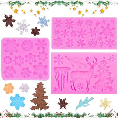 Set van 3 Siliconen Mallen voor Kerstmis - Sneeuwvlokken, Herten en Decoratieve Pendants voor DIY Projecten