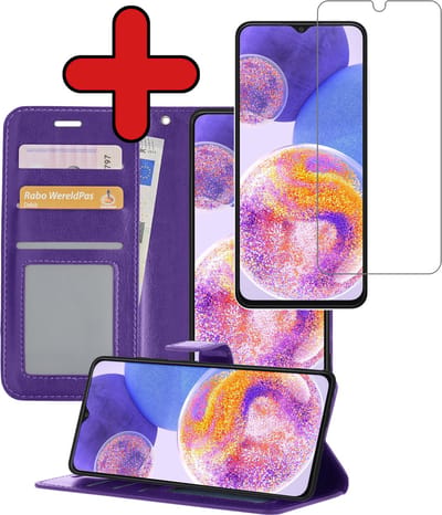 Hoesje - Met Screenprotector - Geschikt voor Samsung Galaxy A23 - Luxe Pasjeshouder - Flipcase - Bookcase Portemonee - Flip Case - Kunstleer Book Case - Book Cover - Walletcase - Portemonneehoes - Telefoonhoes - Paars