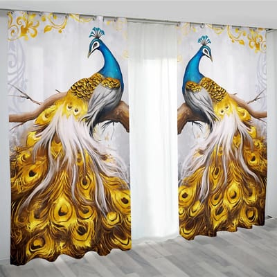 Retro Luxe Pauw serie Elegant Blauw Goud 2 Stuks Lichtfilterend Gordijn voor Woonkamer Slaapkamer Thuis Raam Drap Decor 75W60H(CM) 2PCS