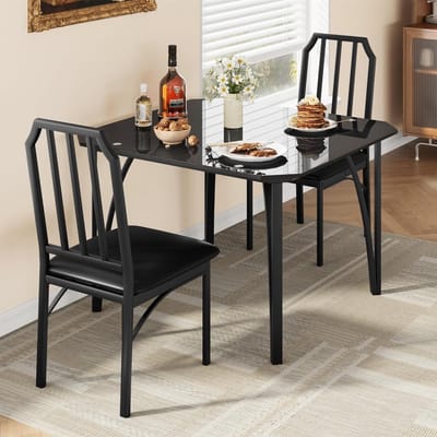 Glazen eettafelset voor 2 personen – Keukentafel en stoelen voor 2 personen met gestoffeerde zittingen – 3-delige eettafelset – met hoekig ontwerp – voor kleine ruimtes, thuiskeukens, appartementen – zwart