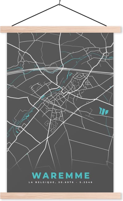 Posterhanger incl. Poster 40x60 cm - Schoolplaat - Plattegrond – Waremme – Blauw – Stadskaart - Kaart - Textielposter - Blanke latten - Stadskaart