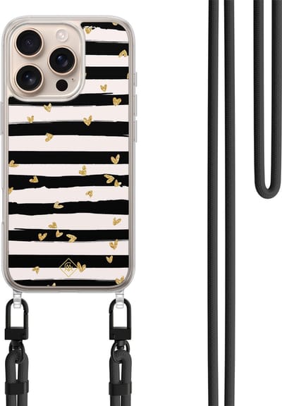 Casimoda® hoesje met koord - Geschikt voor iPhone 16 Pro Max - Hart Streepjes - Afneembaar koord - TPU/polycarbonaat - Zwart