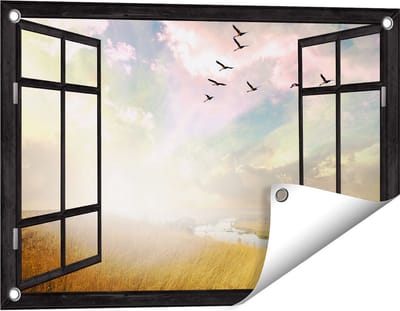 Gards Tuinposter Doorkijk Groep Vogels Vliegen Boven het Gras - 60x40 cm - Tuindoek - Tuindecoratie - Wanddecoratie buiten - Tuinschilderij