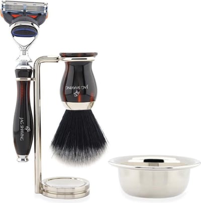 Scheerset voor heren wordt geleverd met compatibel scheermes met 5 randen, scheerkwast met zwarte synthetische haren, standaard en kom, perfecte cadeauset