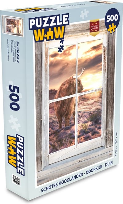 Puzzel Schotse hooglander - Doorkijk - Duin - Legpuzzel - Puzzel 500 stukjes