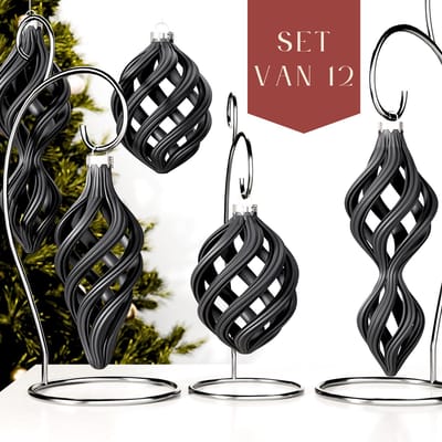 Fleuriek – Luxe Gedraaide Kerstballen – Mat Zwart, Set van 12 – Chique Moderne Kerstornamenten – Onbreekbaar & Herbruikbaar – Luxe Kerstdecoratie in Trendkleur