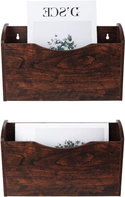 Houten Muur File Organizer voor Kantoor, Muurbevestiging, 2 Pocketen, Bruin, Documenten en Papieren Opbergen