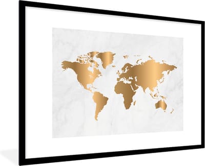 Poster in lijst - Fotolijst 90x60 cm - Posters - Wereldkaart - Goud - Marmerlook - Luxe - Design - Posterlijst zwart - Decoratie - Wanddecoratie woonkamer - Muurdecoratie slaapkamer